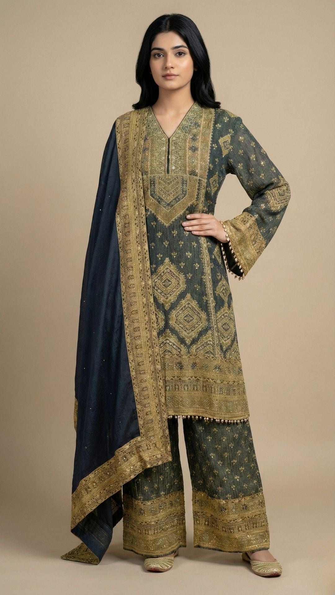 Stylish Blue Wrinkle Tissue Digital Printed Suit with Mirror Detailing and Palazzo