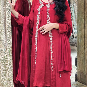 Maroon Chinon Indowestern Top,Bottom,Cape and Dupatta with Pearl,Sequins and Dabka Work