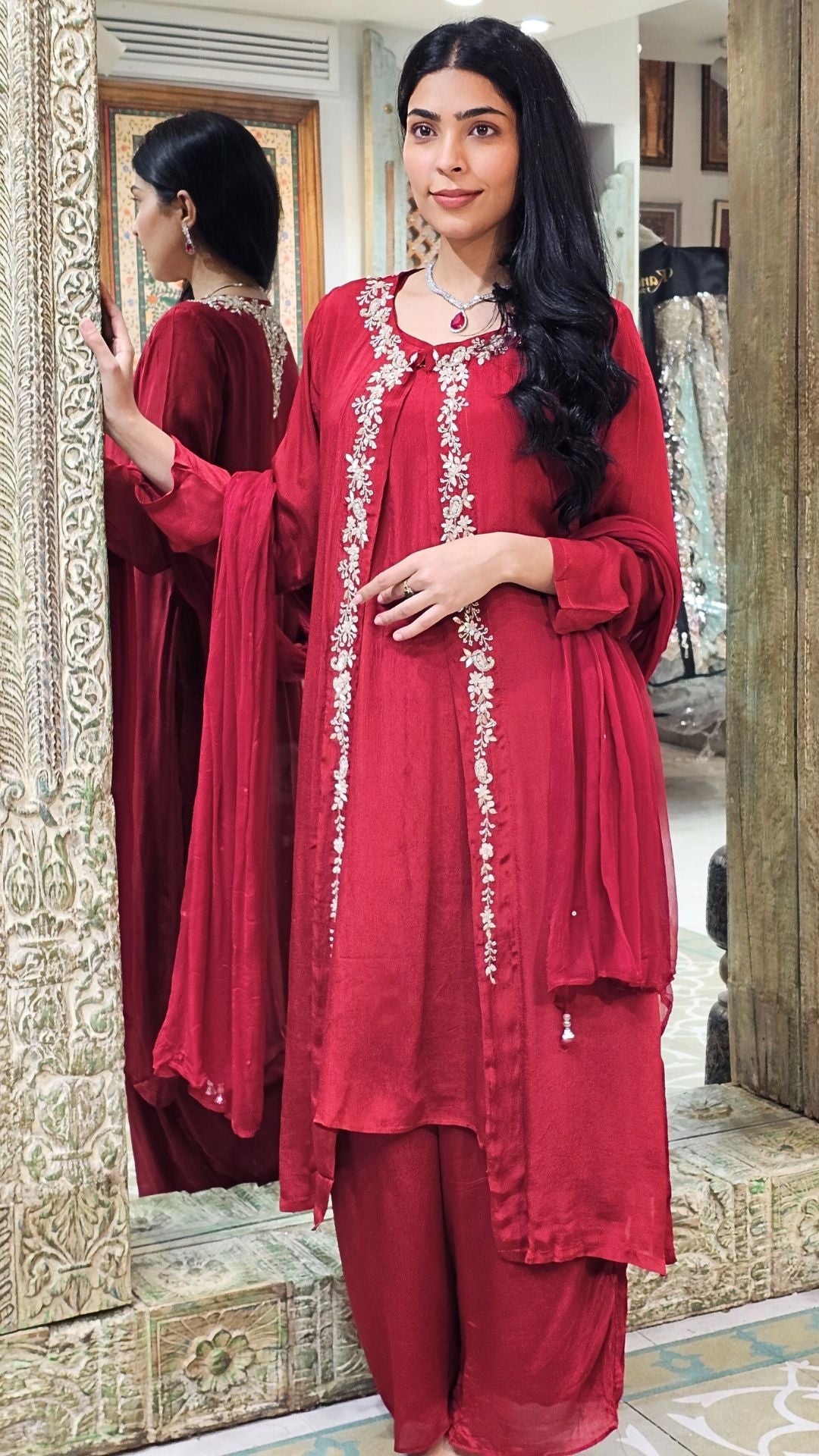 Maroon Chinon Indowestern Top,Bottom,Cape and Dupatta with Pearl,Sequins and Dabka Work