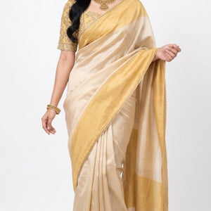 Yellow Silk Saree with Stitched Blouse and Zari, Cutdana & Sequins Work