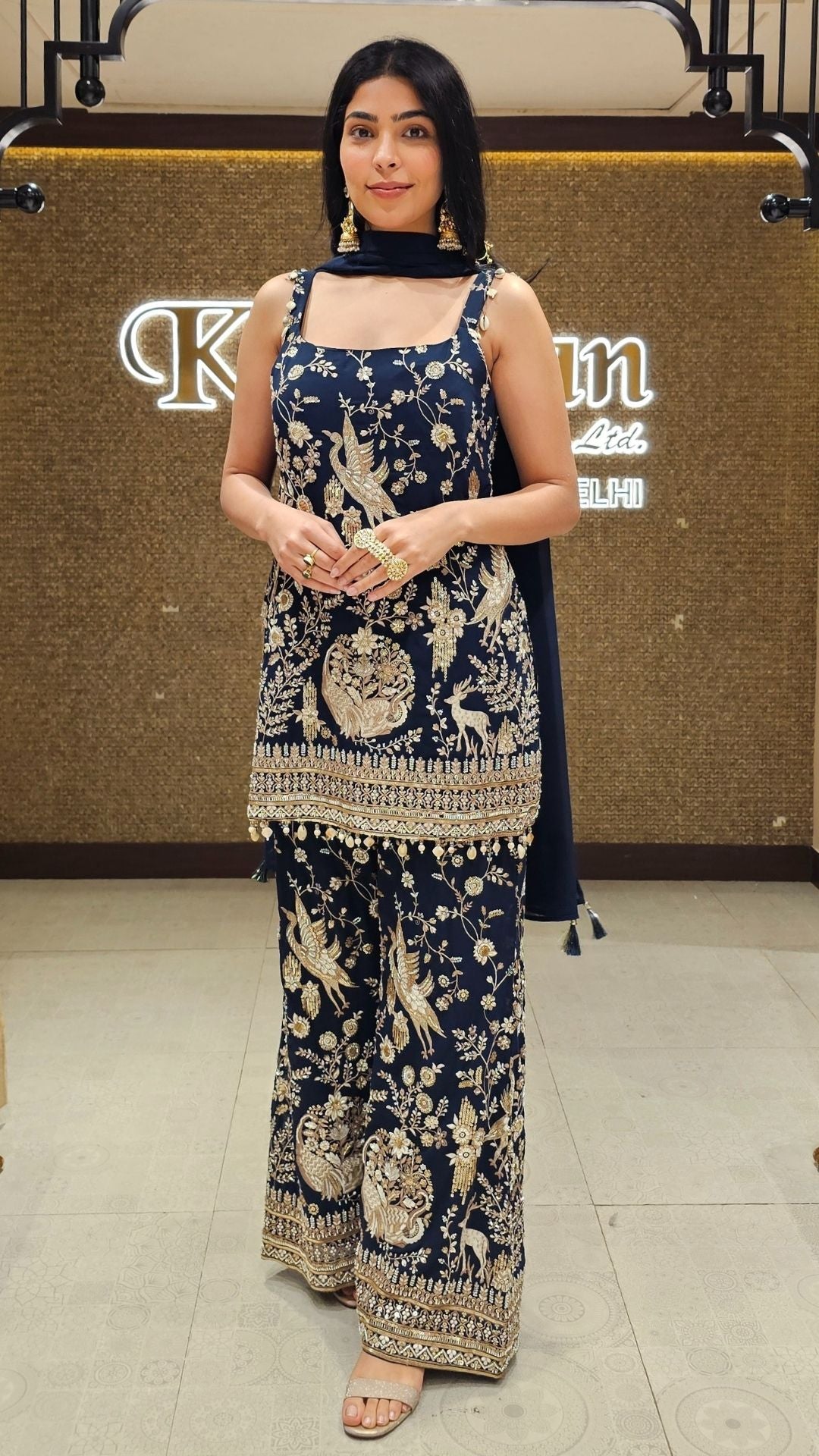 Blue Georgette Indo Western Suit with Resham, Cutdana, Pearl and Sequins Embroidery