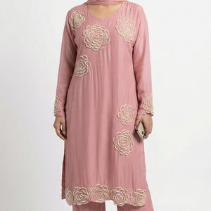 Peach Soft Organza Suit with Moti & Cutdana Detailing