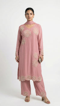 Peach Soft Organza Suit with Moti & Cutdana Detailing