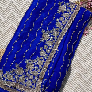 Blue Tissue Unstitched Saree Embellished With Sequins, Cutdana & Zari Work
