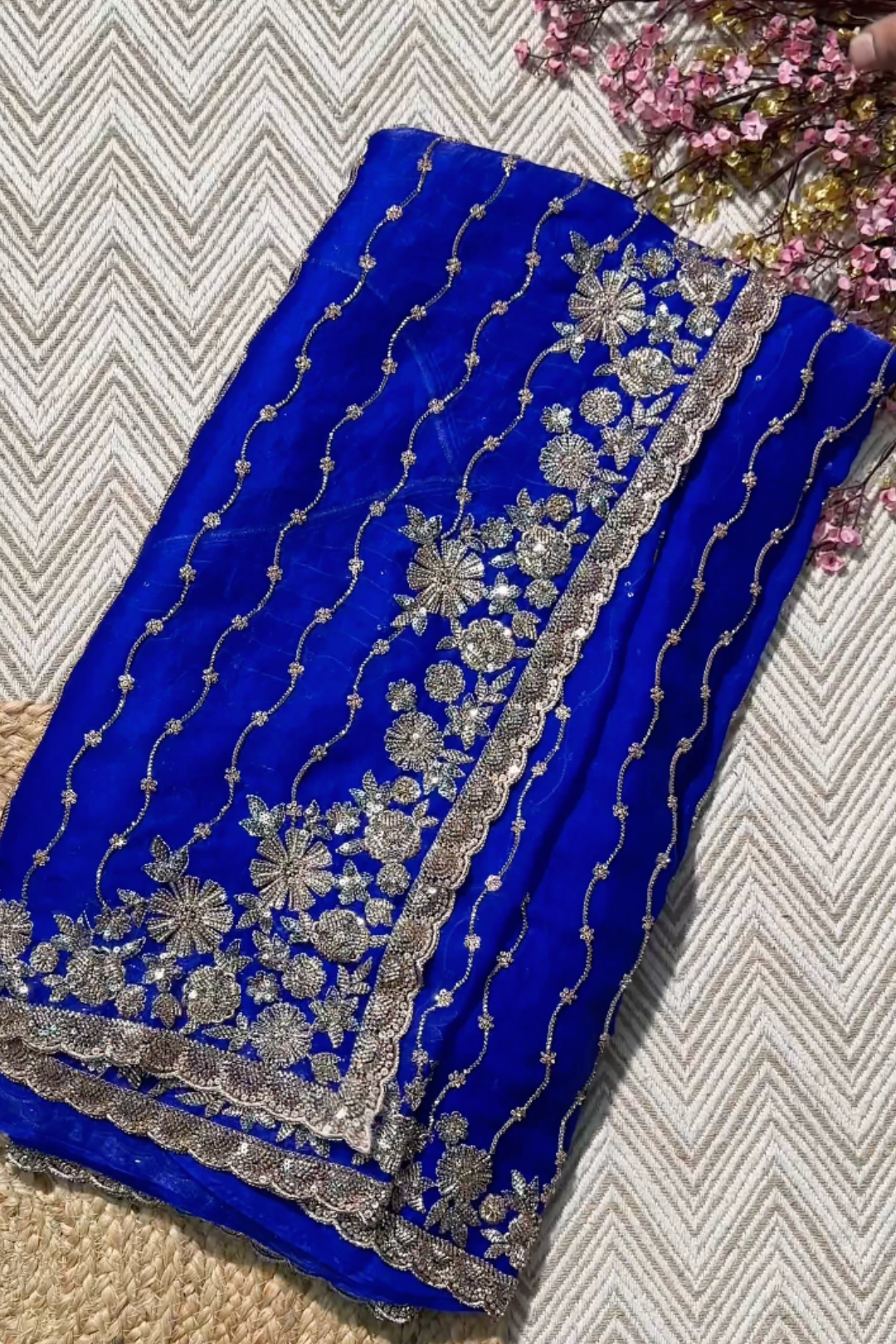 Blue Tissue Unstitched Saree Embellished With Sequins, Cutdana & Zari Work