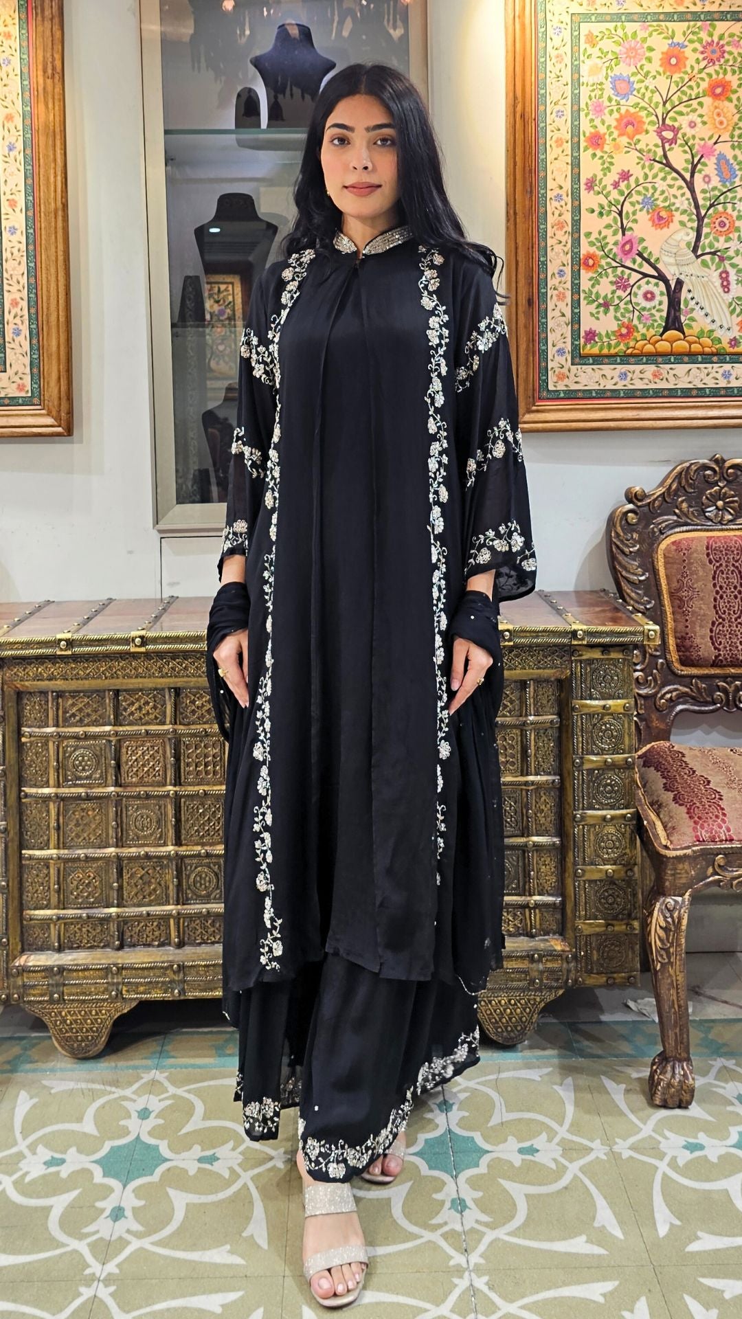 Black Chinon Indowestern Top,Jacket,Bottom and Dupatta with Sequins and Cutdana Work