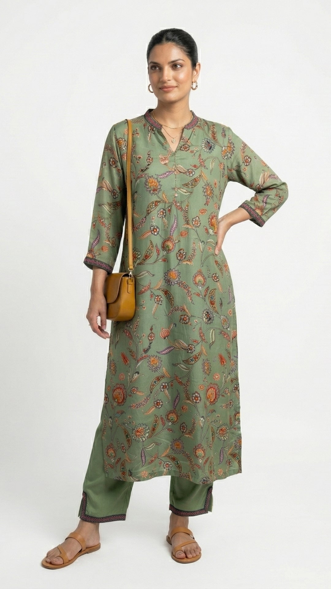 Green Crepe Coord Set with Sequins, Dabka, Moti & Digital Print Detailing