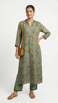 Green Crepe Coord Set with Sequins, Dabka, Moti & Digital Print Detailing