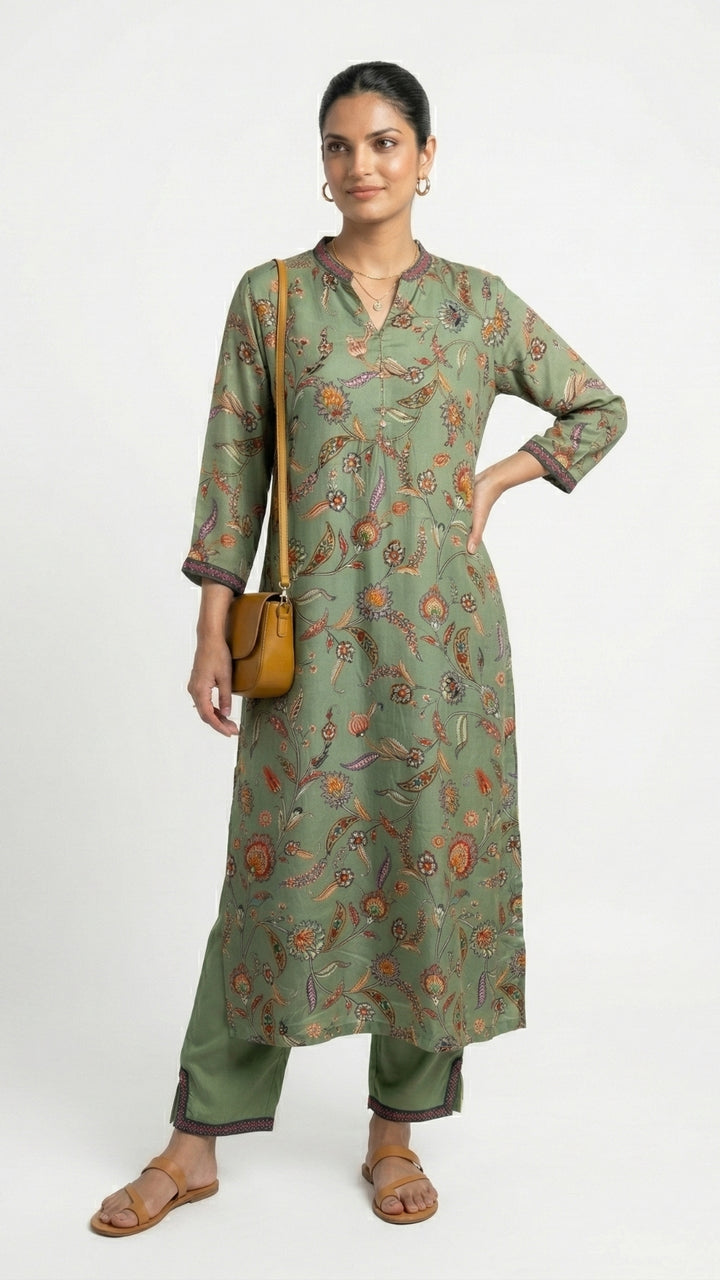 Green Crepe Coord Set with Sequins, Dabka, Moti & Digital Print Detailing