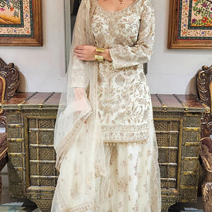 Cream Net Cream Suit with Swarovski Work and Dupatta