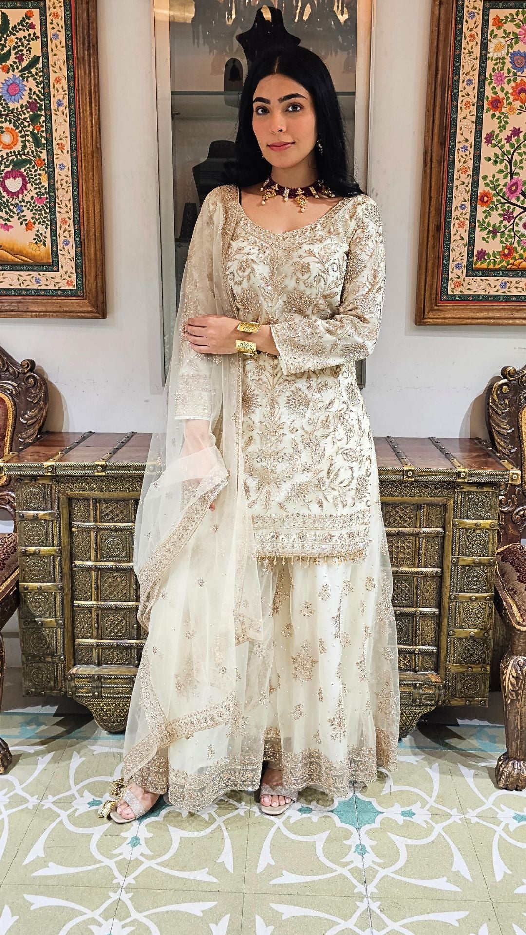 Cream Net Cream Suit with Swarovski Work and Dupatta