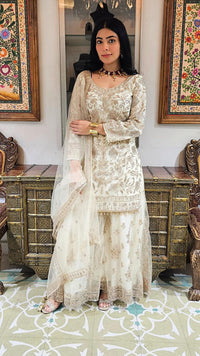 Cream Net Cream Suit with Swarovski Work and Dupatta