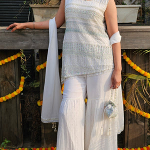 White Georgette Indo-Western with Thread, Stone & Pearl Work