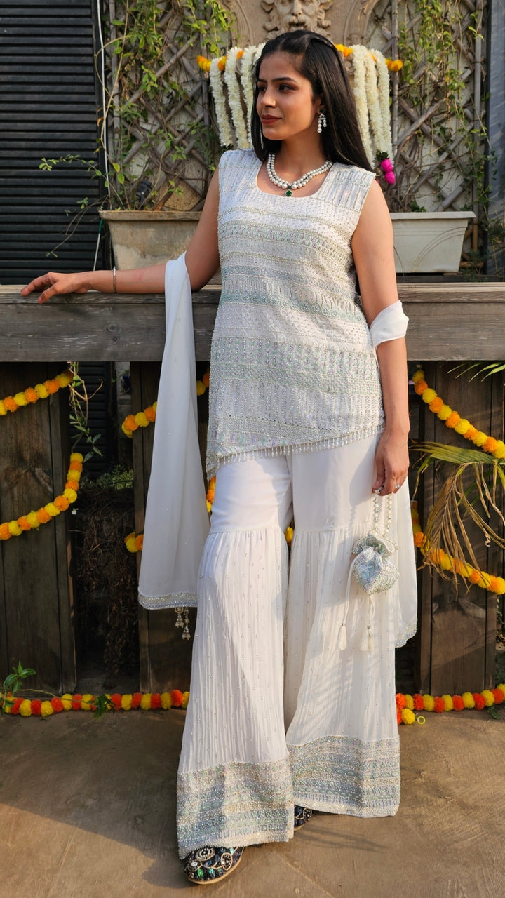 White Georgette Indo-Western with Thread, Stone & Pearl Work