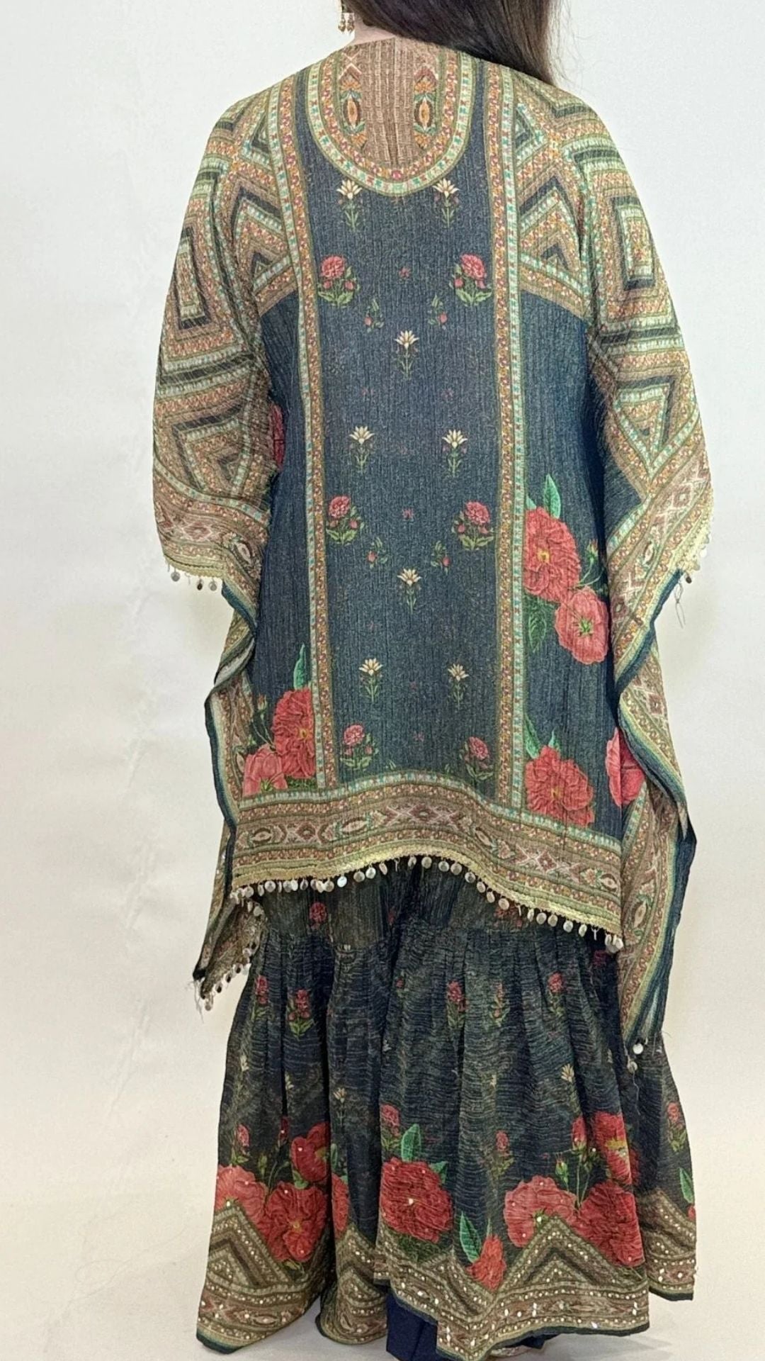 Blue Digital Print Tissue Kaftan and Gharara with Mirror Work