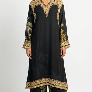 Black Crepe Coord Set with Intricate Digital Print, Mirror and Stone Work