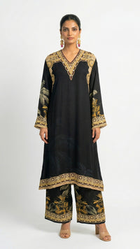 Black Crepe Coord Set with Intricate Digital Print, Mirror and Stone Work