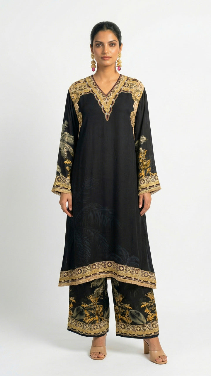 Black Crepe Coord Set with Intricate Digital Print, Mirror and Stone Work