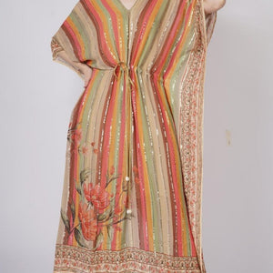 Multicolor Beige Georgette Kaaftan with Mirror and Sequins Work