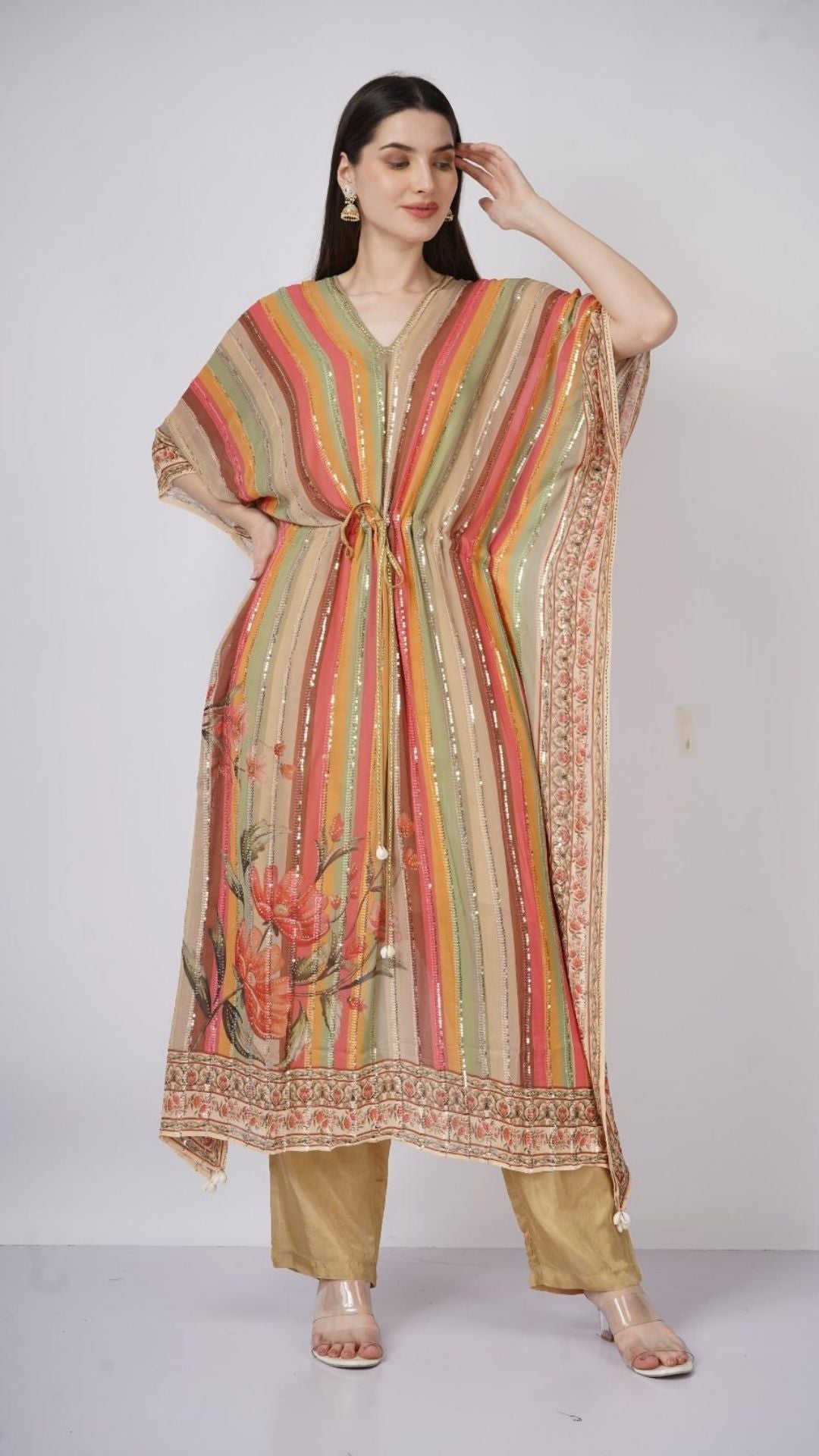 Multicolor Beige Georgette Kaaftan with Mirror and Sequins Work