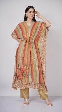 Multicolor Beige Georgette Kaaftan with Mirror and Sequins Work