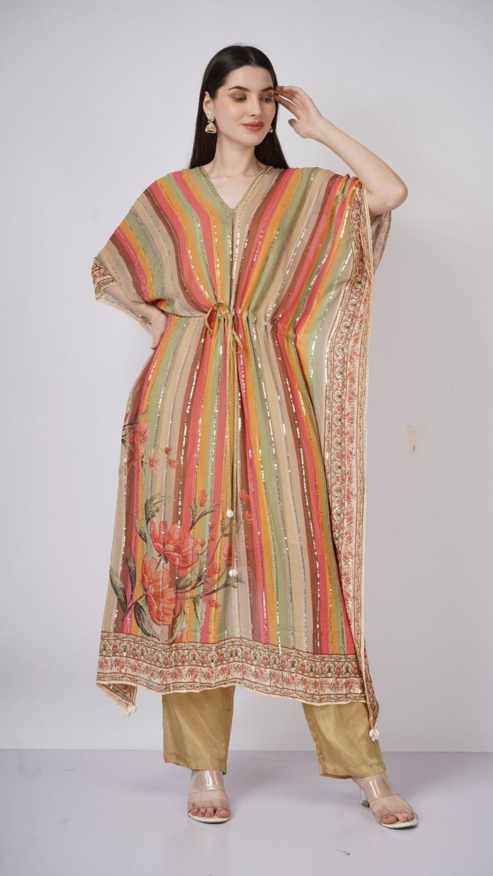 Multicolor Beige Georgette Kaaftan with Mirror and Sequins Work