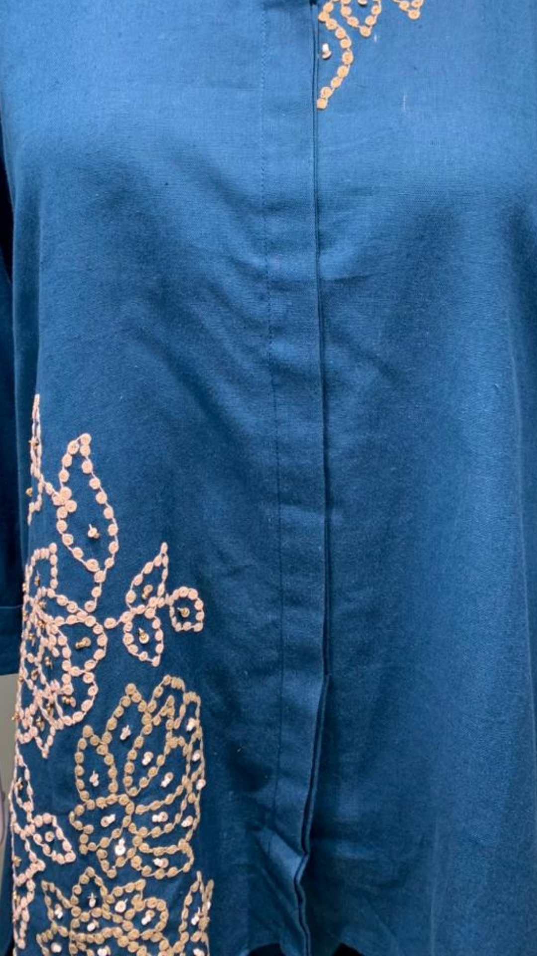 Blue Linen Cotton Coord Set with Intricate Beads, Sequin and Thread Work