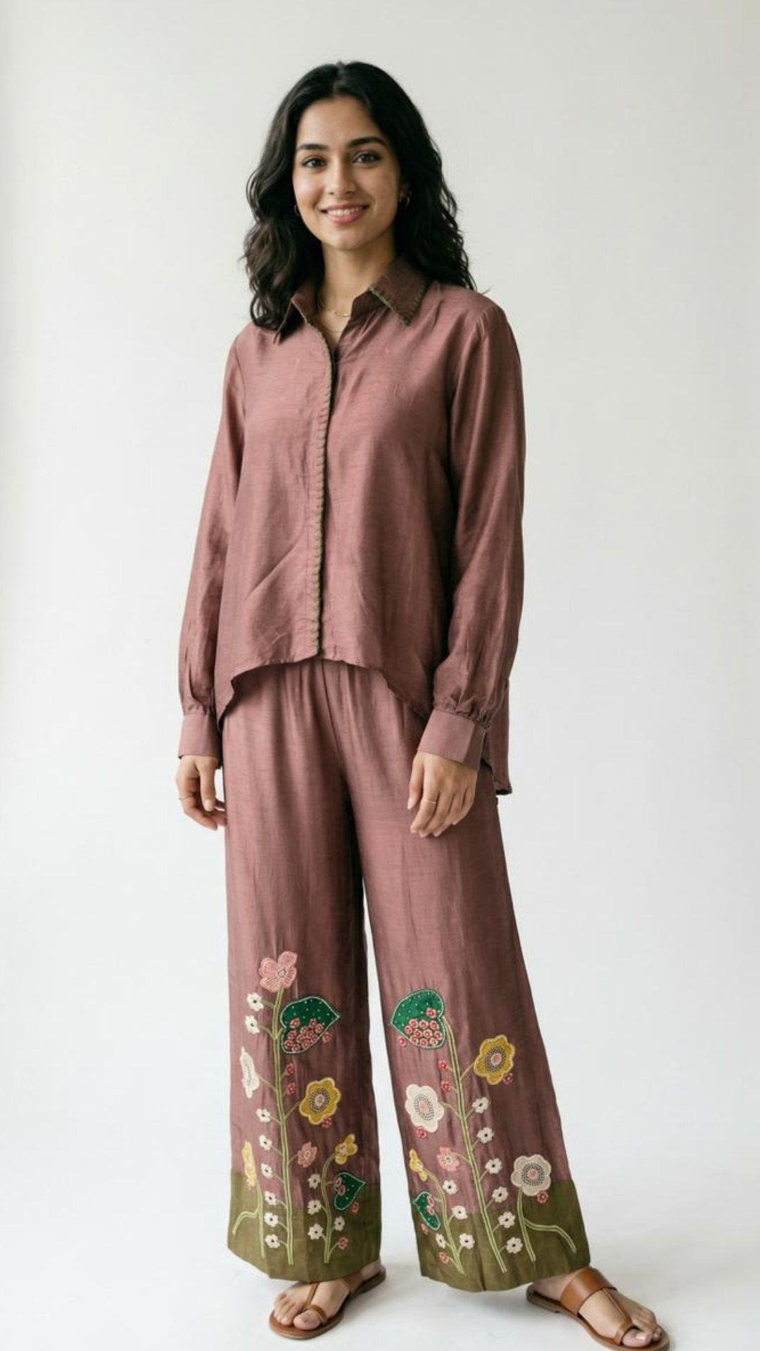 Brown Cotton Silk Coord Set with Thread, Cutdana, Applique & Sequin Work