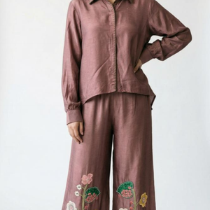 Brown Cotton Silk Coord Set with Thread, Cutdana, Applique & Sequin Work