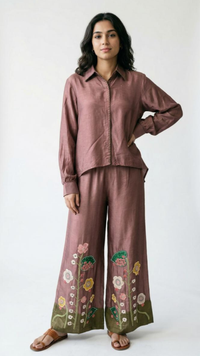 Brown Cotton Silk Coord Set with Thread, Cutdana, Applique & Sequin Work