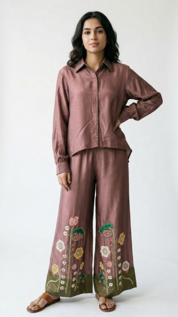 Brown Cotton Silk Coord Set with Thread, Cutdana, Applique & Sequin Work