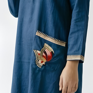 Blue Linen Cotton one Piece Indowestern with Thread Work