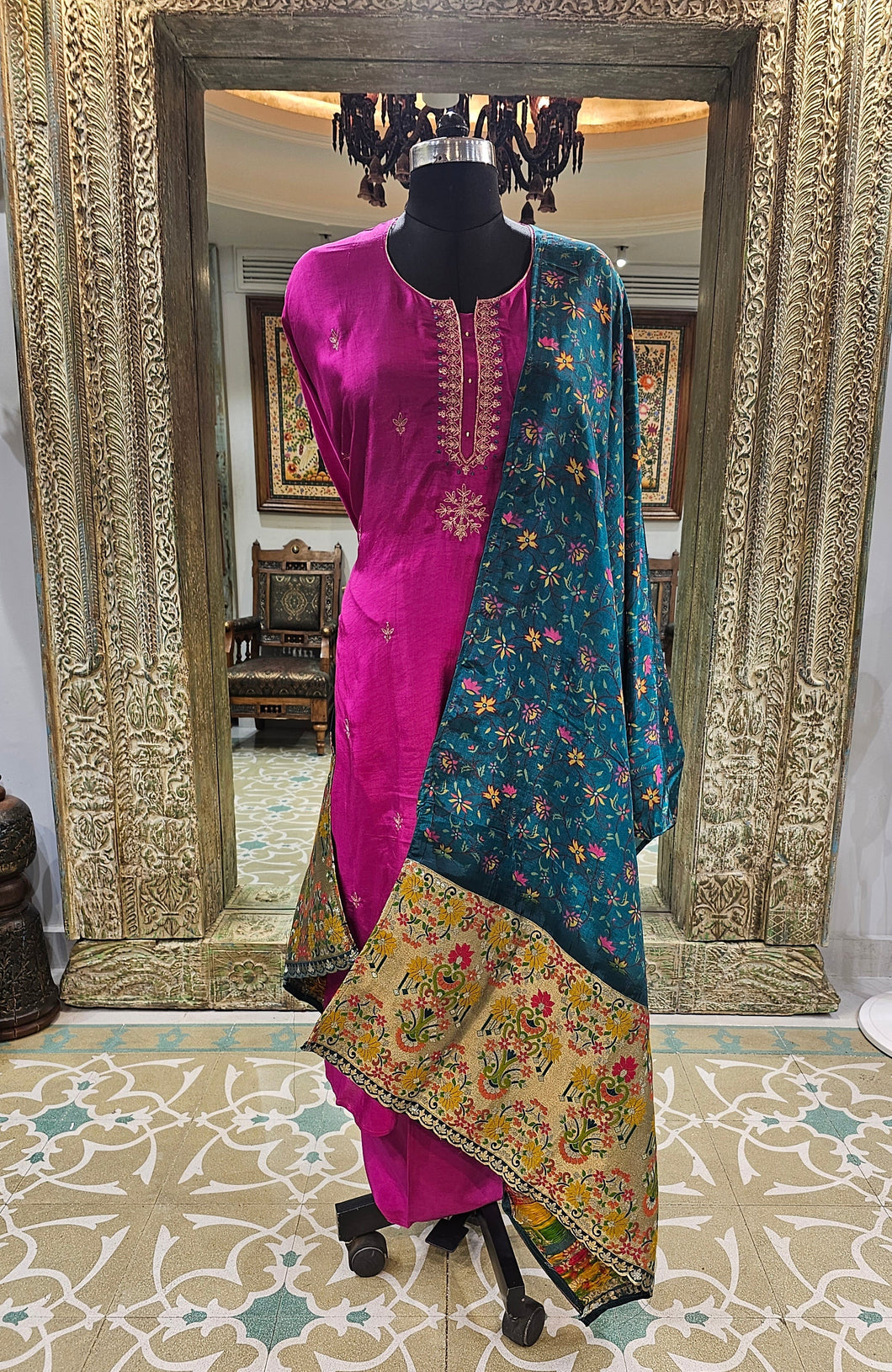 Silk Semi Stitched Suit with Zari embroidery