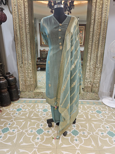 Organza Shimmer Semi Stitched Suit with Weaving Dupatta