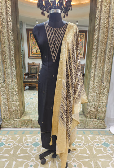 Silk Semi Stitched Suit with Golden Zari embroidery