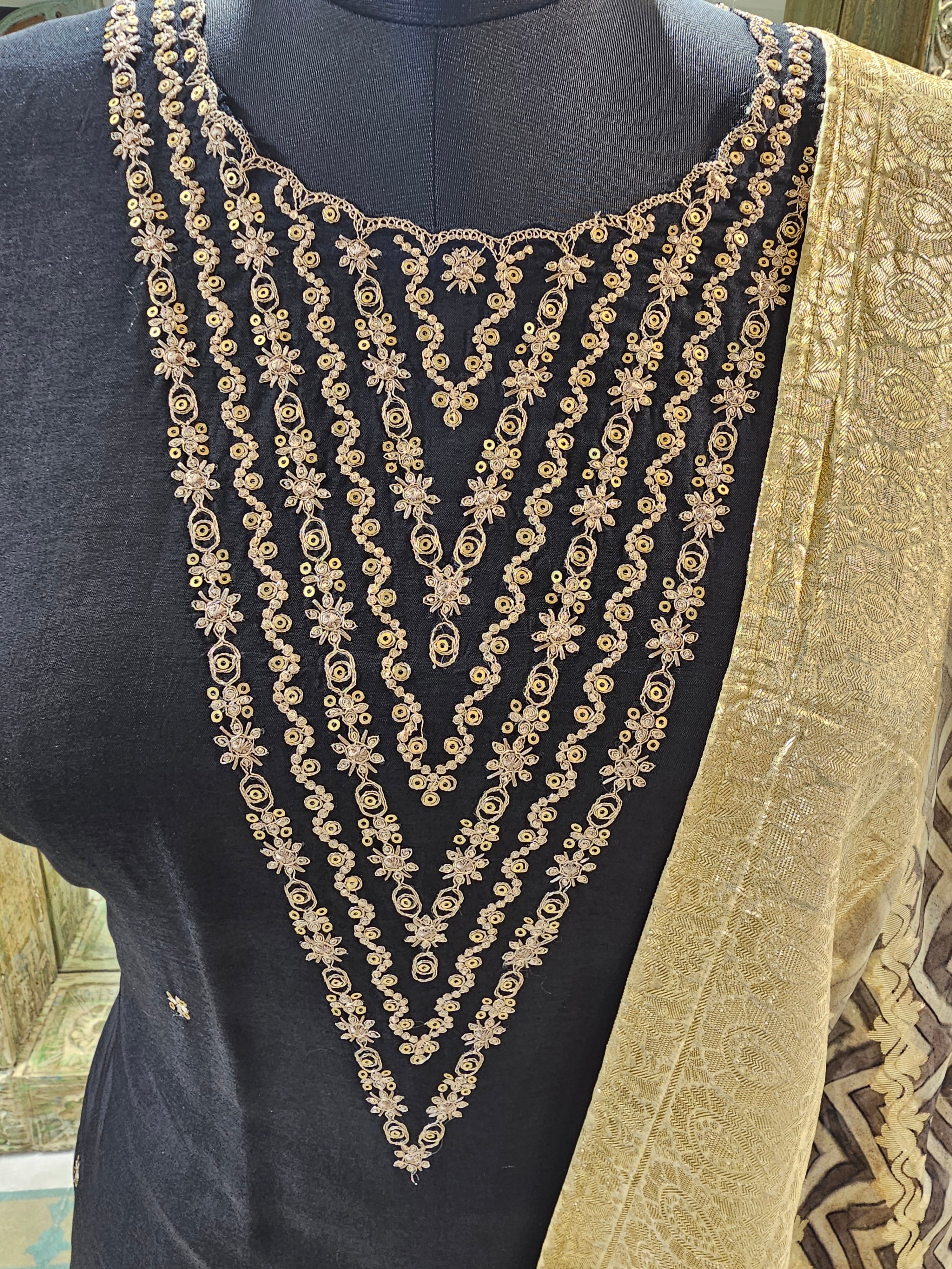Silk Semi Stitched Suit with Golden Zari embroidery