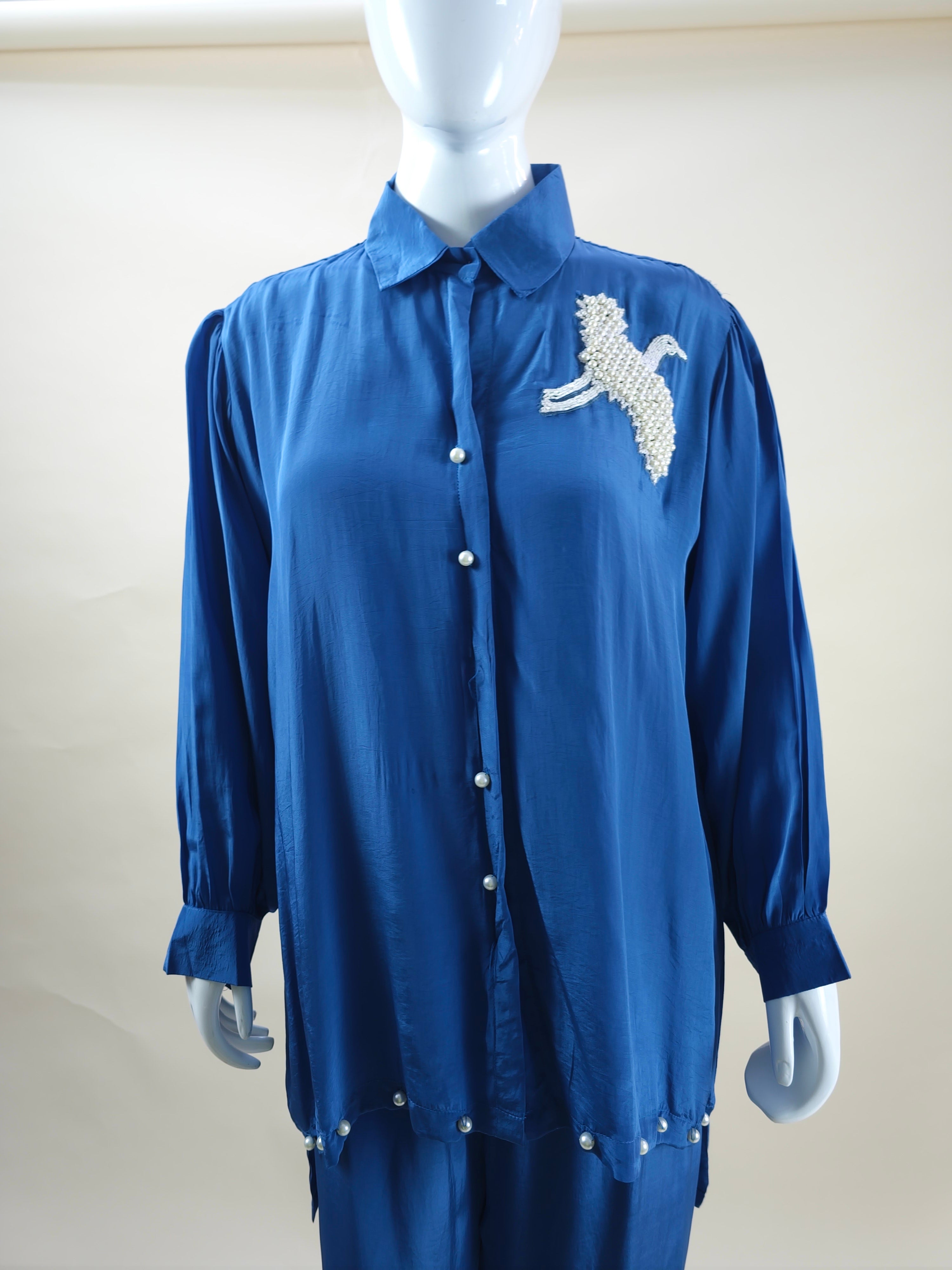 Blue Crepe Co-ord Set With Pearl and Nalki Work