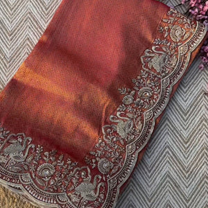 Rani Brocade Unstitched Saree Embellished With Zari, Moti & Cutdana Work
