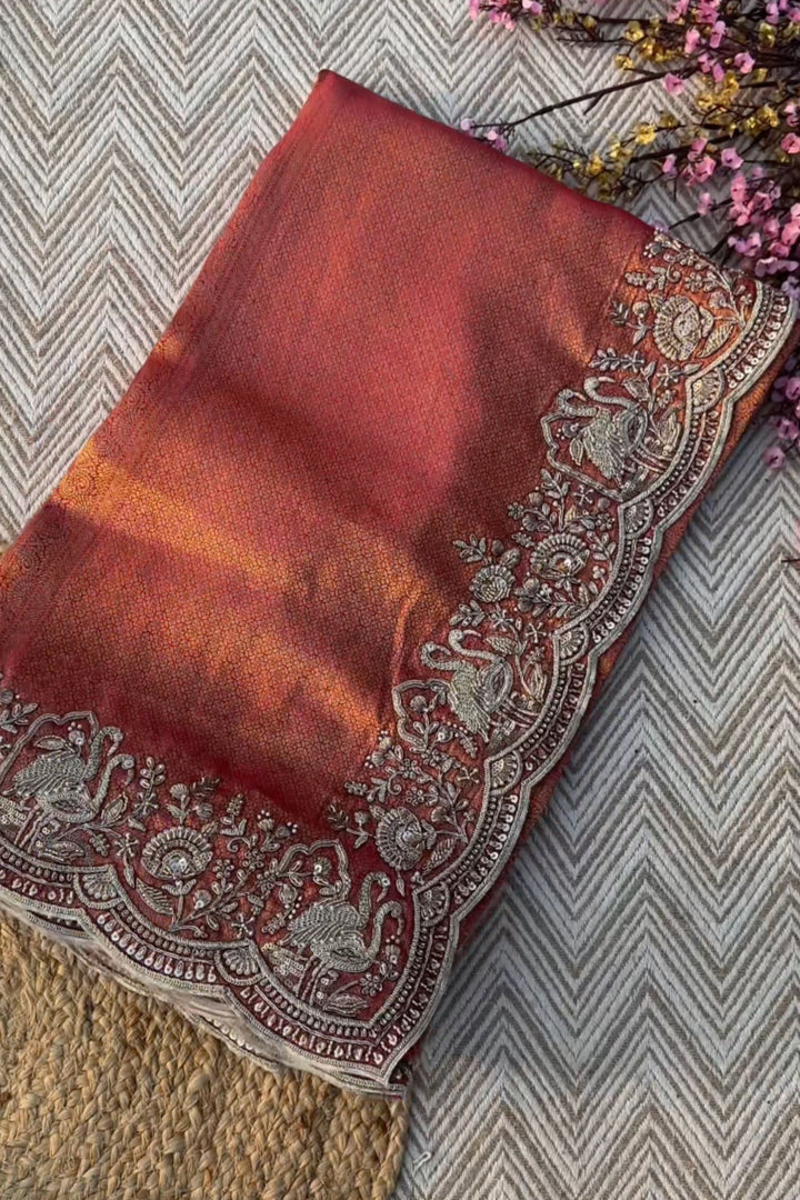 Rani Brocade Unstitched Saree Embellished With Zari, Moti & Cutdana Work