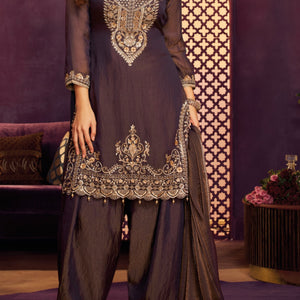 Navy Blue Tissue Suit, Farshi Salwar And Dupatta with Cutdana, Sequins and Zari Work
