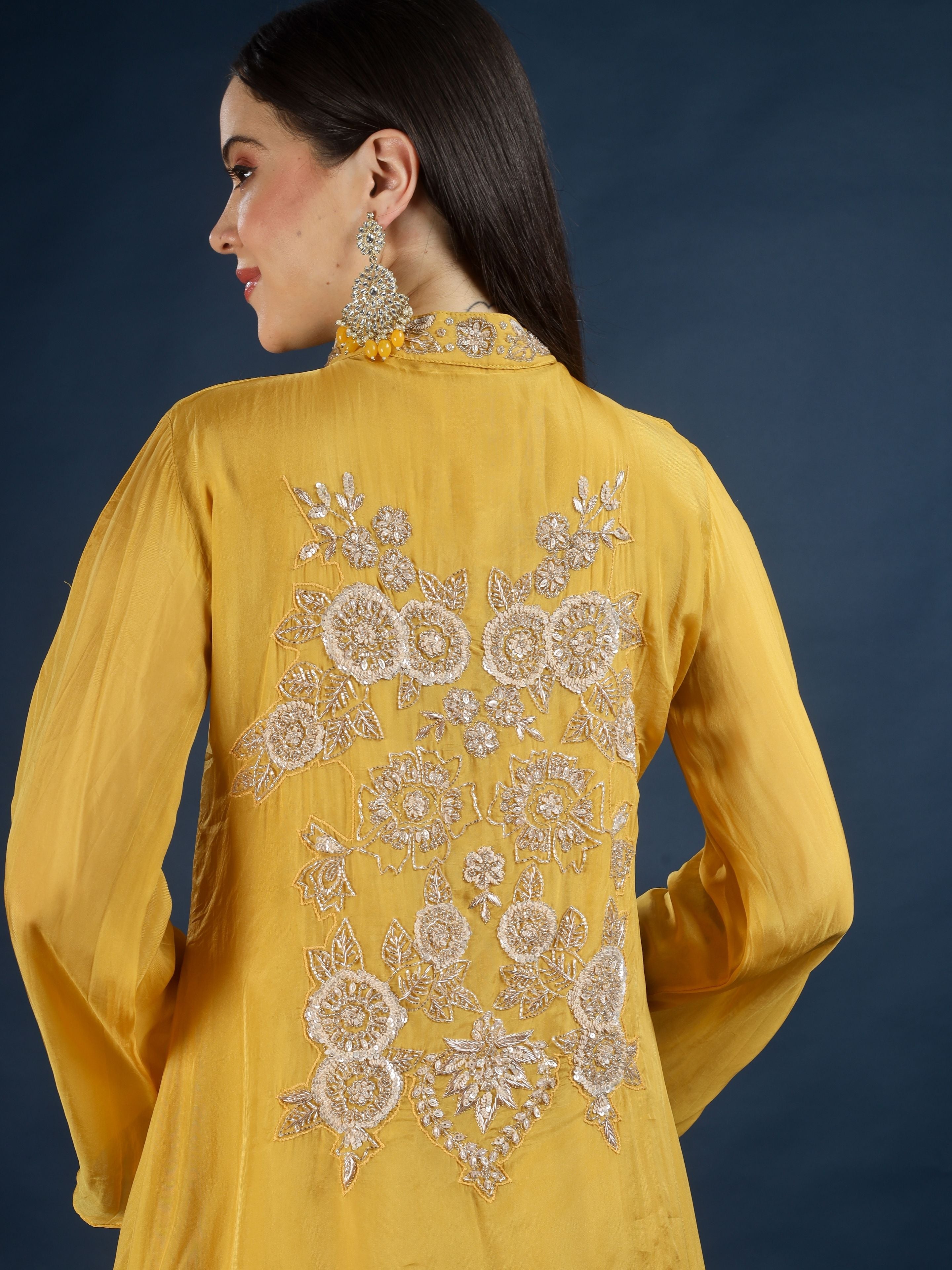 Yellow Organza Indo Western with Cutdana & Sequins Work