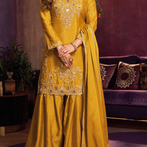 Yellow Chinon Suit Embellished With Cutdana, Sequins & Mirror Work