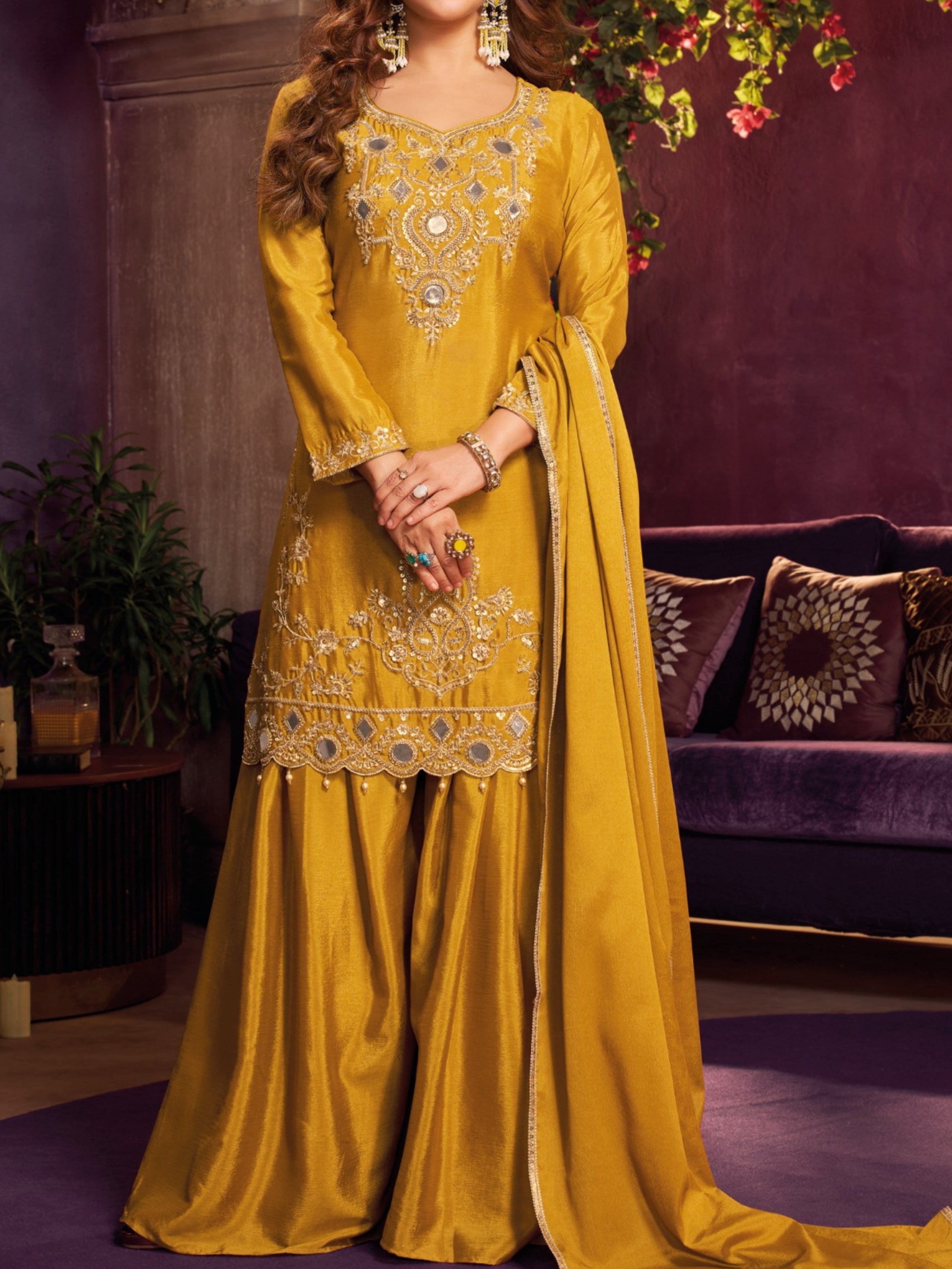 Yellow Chinon Suit Embellished With Cutdana, Sequins & Mirror Work