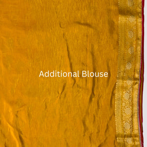 Yellow Banarasi Silk Saree with Stitched Pink Blouse and Weaving Work
