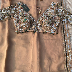 Beige Organza Saree & Net Blouse Embellished With Stone, Moti, Mirror & Kundan Work