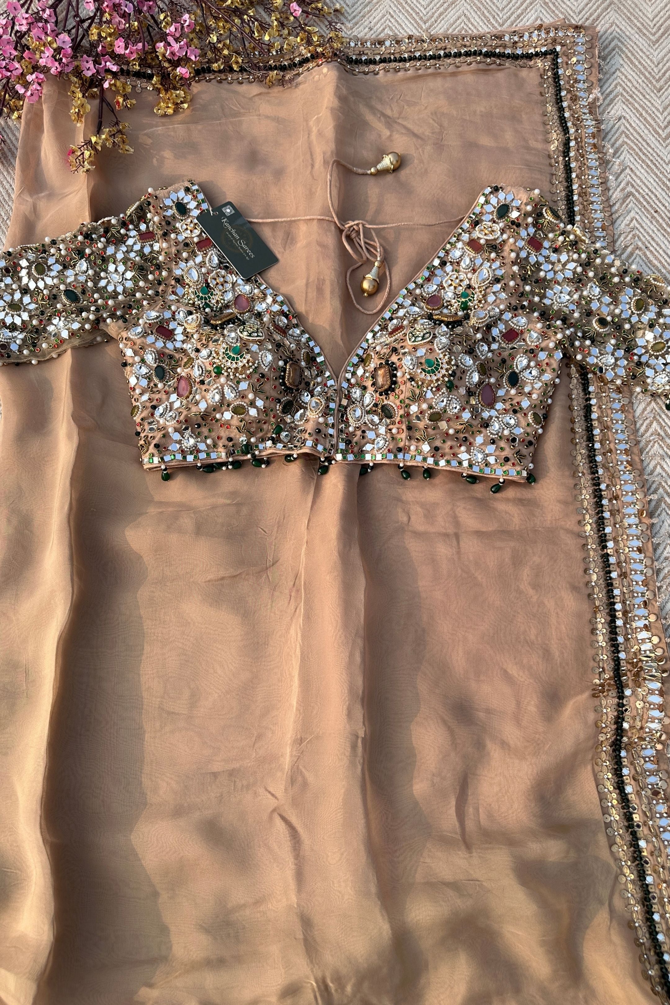 Beige Organza Saree & Net Blouse Embellished With Stone, Moti, Mirror & Kundan Work