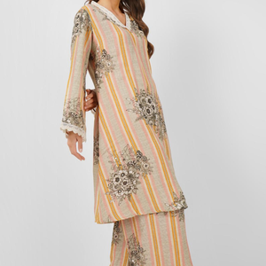 Beige Linen Indo Western Coord Set with Pearl and Printed Embroidery