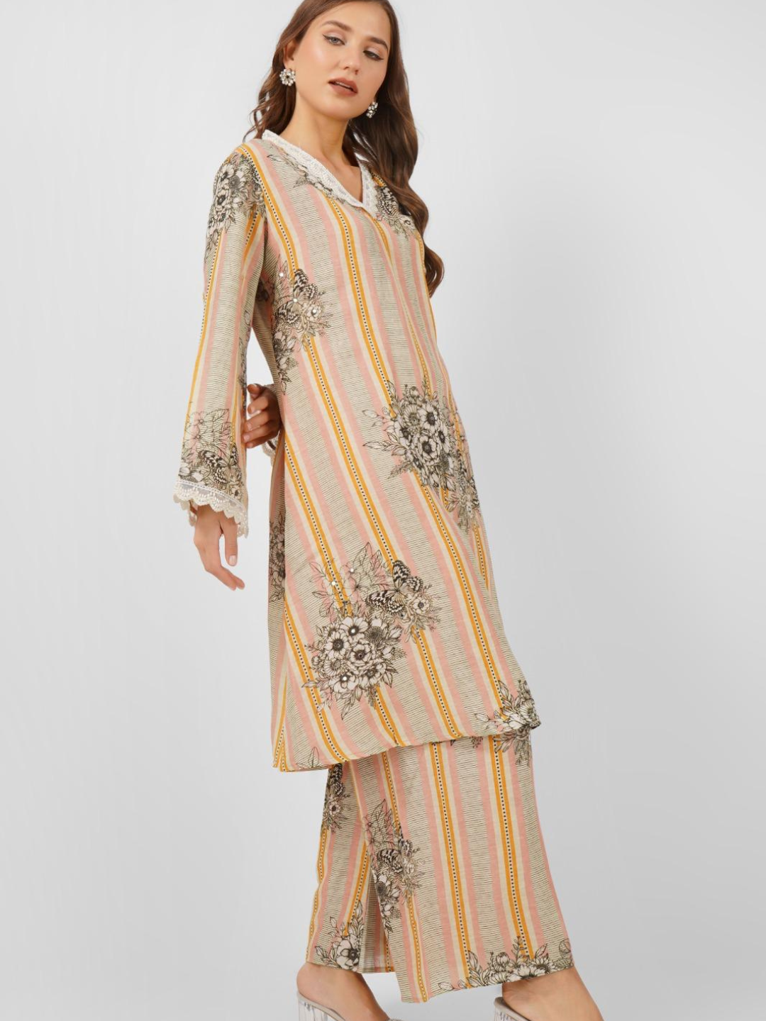 Beige Linen Indo Western with Pearl and Printed Embroidery