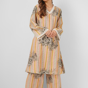 Beige Linen Indo Western Coord Set with Pearl and Printed Embroidery