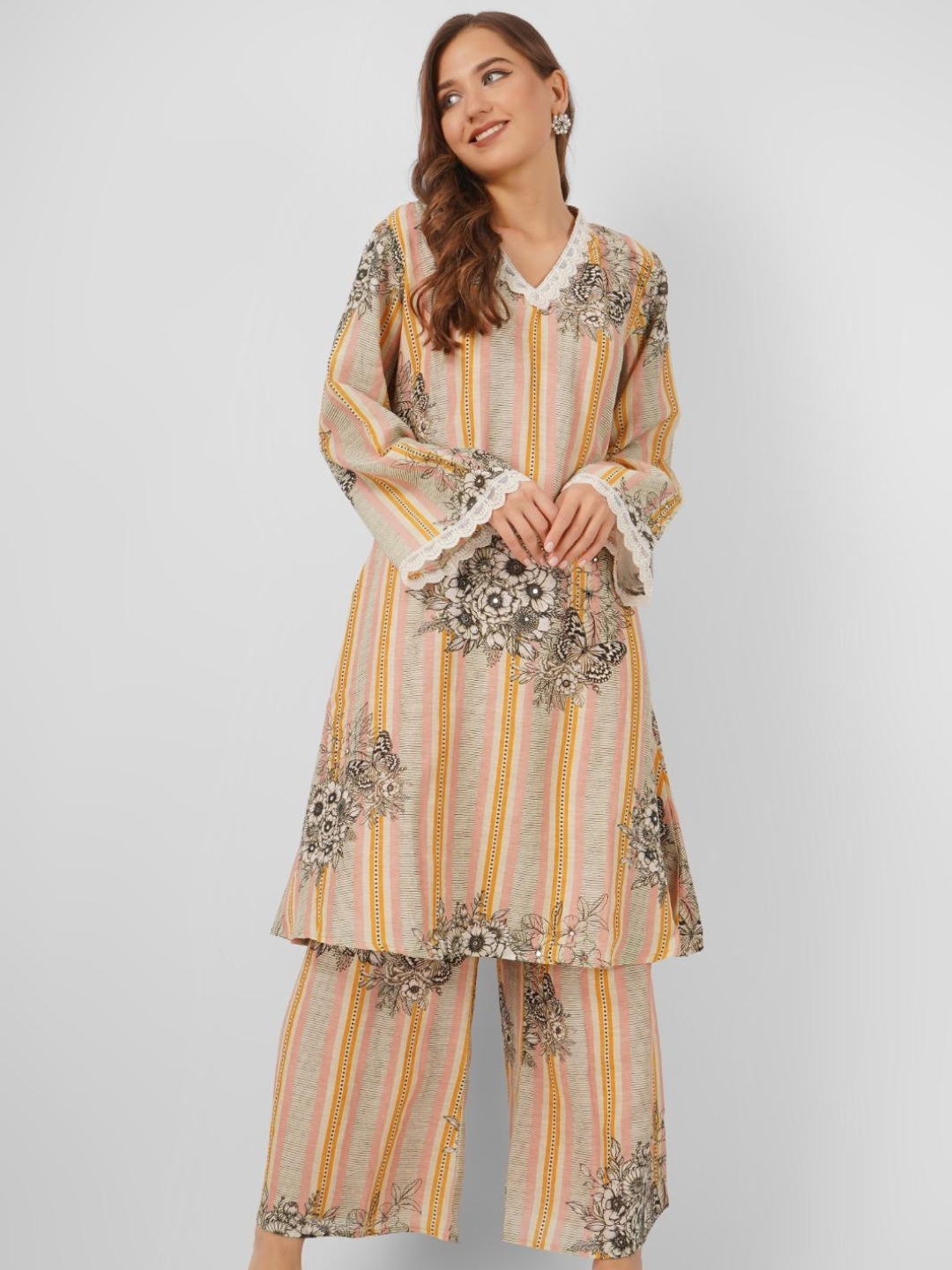 Beige Linen Indo Western with Pearl and Printed Embroidery